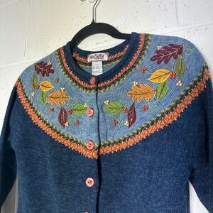 Tiara International Blue Fall Leaf Embroidered Beaded Cardigan Sweater Small